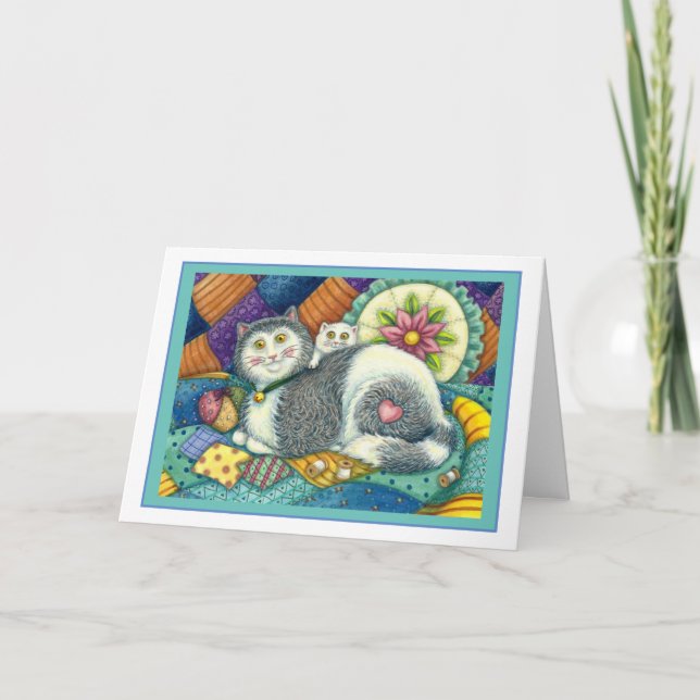 MOTHER CAT & KITTEN, PATCHWORK QUILTS, PINCUSHION CARD (Front)