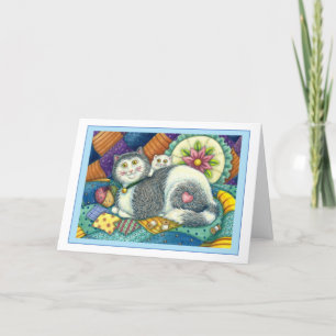 MOTHER CAT & KITTEN, PATCHWORK QUILTS, PINCUSHION HOLIDAY CARD