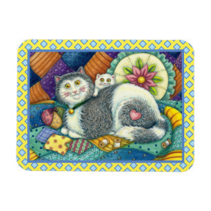MOTHER CAT & KITTEN, PATCHWORK QUILTS, PINCUSHION MAGNET