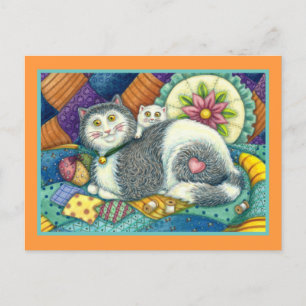 MOTHER CAT & KITTEN, PATCHWORK QUILTS, PINCUSHION POSTCARD