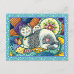 MOTHER CAT & KITTEN, PATCHWORK QUILTS, PINCUSHION POSTCARD
