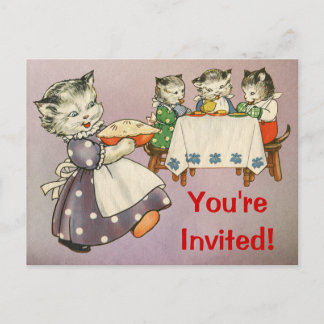 Mother Cat & Kittens Eating Pie - Party Invitation