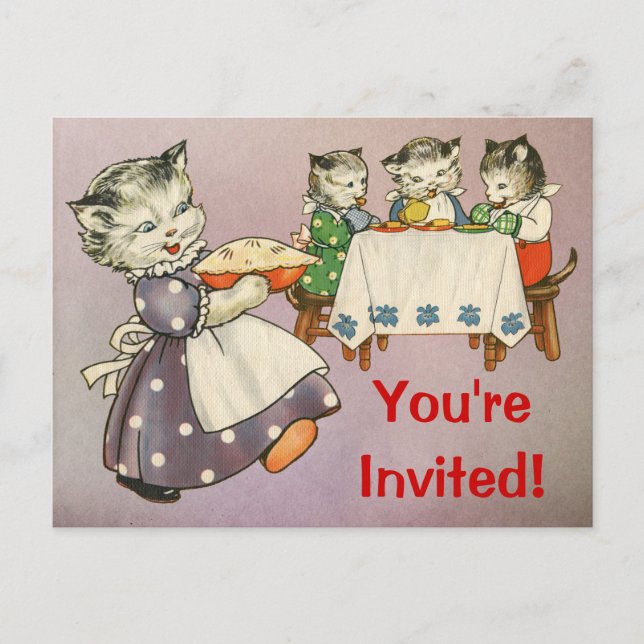 Mother Cat & Kittens Eating Pie - Party Invitation Postcard (Front)