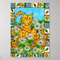 Mother Cat & Kittens in Daisy Patch Mini Folk Art