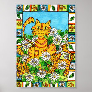 Mother Cat & Kittens in Daisy Patch Mini Folk Art Poster