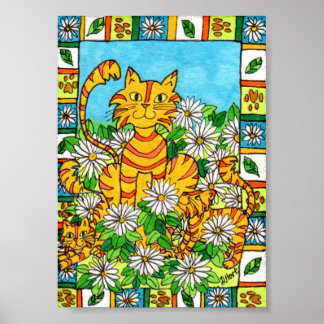 Mother Cat & Kittens in Daisy Patch Mini Folk Art Poster