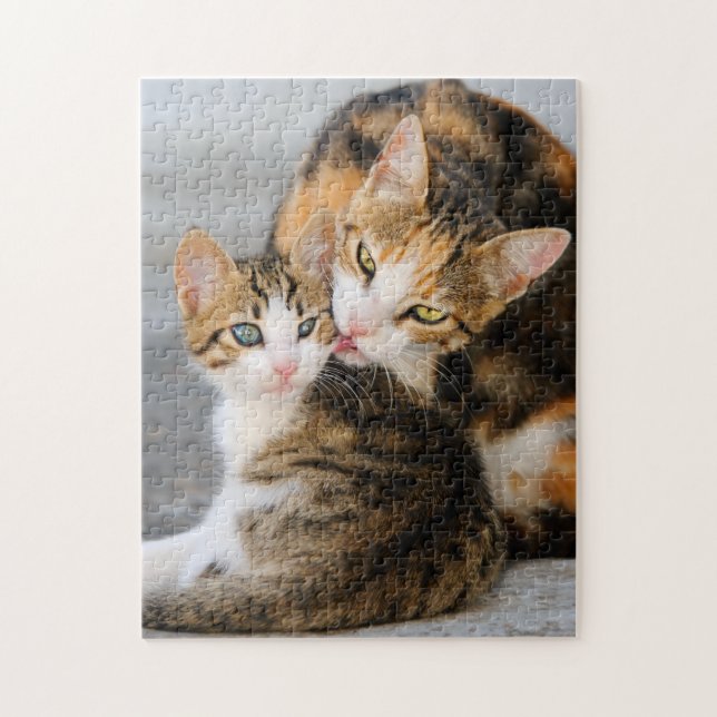 Mother Cat Loves Cute Baby Kitten Animal Pet Photo Jigsaw Puzzle (Vertical)