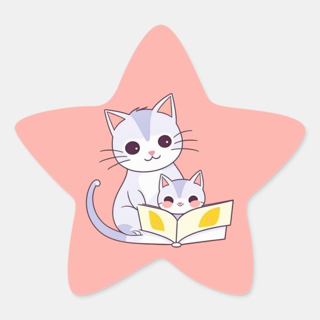 Mother Cat Reading to Her Kitten Star Sticker (Front)