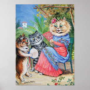 Mother Cat with Fan and Kittens, Louis Wain Poster
