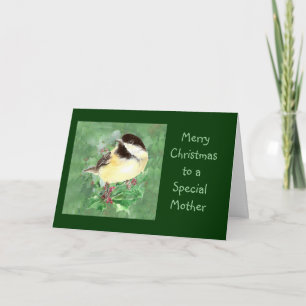 Mother  Christmas Chickadee Bird Holly Nature Art Holiday Card