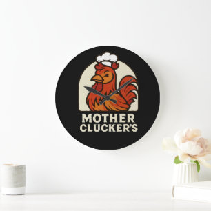 Mother Clucker’s Funny Retro Hen Chef - Vintage Ca Large Clock