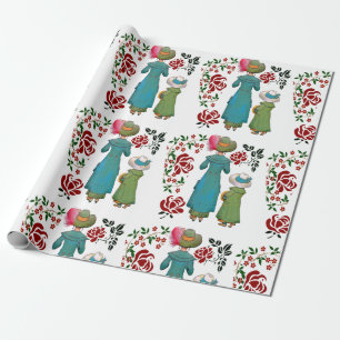 Mother Daughter Duo Red Roses Floral Greenery  Wrapping Paper