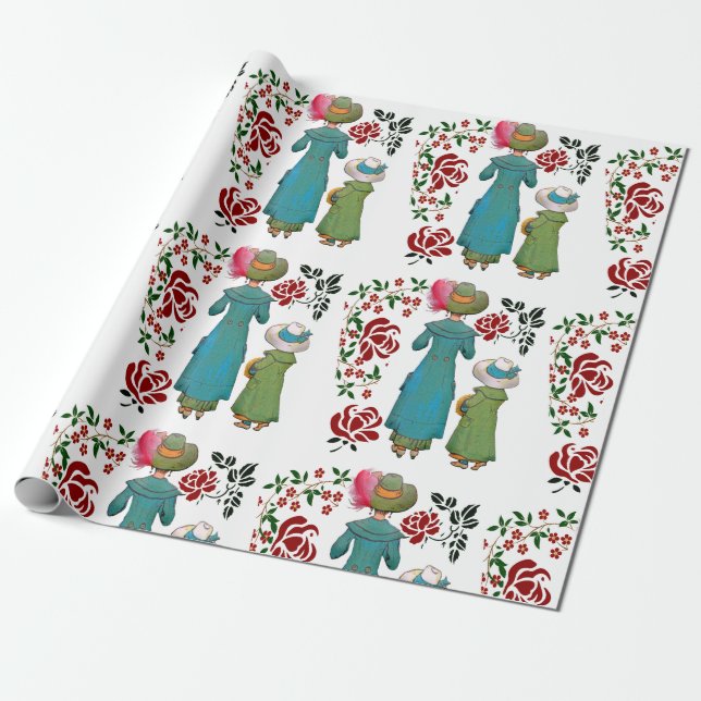 Mother Daughter Duo Red Roses Floral Greenery  Wrapping Paper (Unrolled)