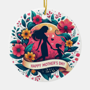 Mother & Daughter Silhouette Floral Mother's Day  Ceramic Tree Decoration