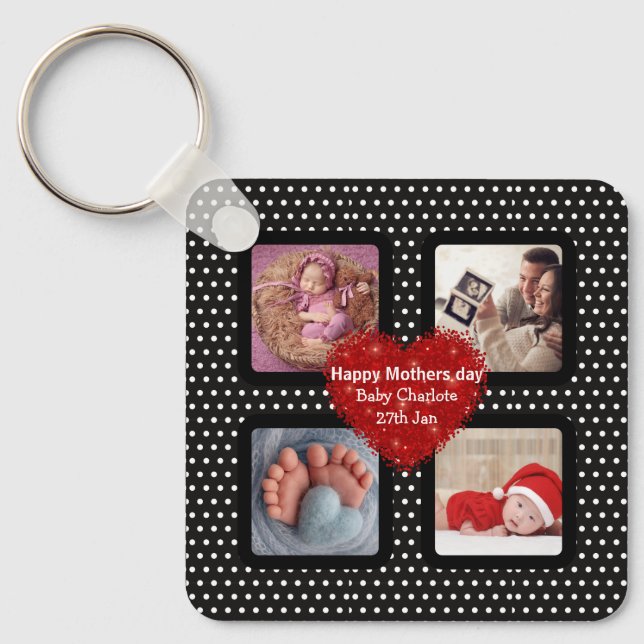 Mother day family photos collage black polka dots key ring (Front)