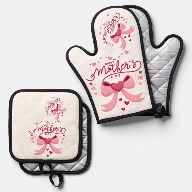 Mother Day Trendy Designed Apron Oven Mitt & Pot Holder Set (Front/Back)