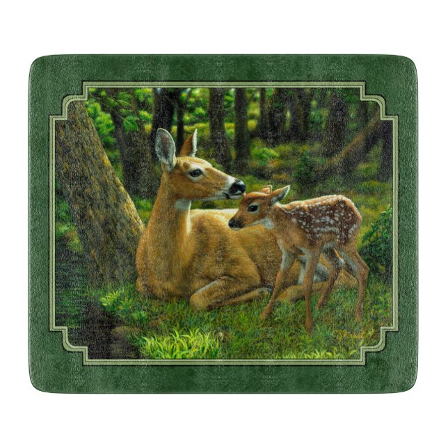 Mother Deer and Fawn Forest Green Cutting Board (Front)