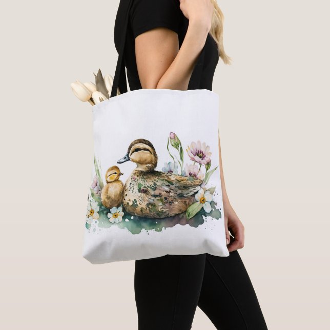 Mother Duck and Duckling Watercolor Tote Bag (Close Up)