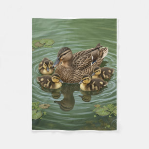 Mother Duck And Ducklings Swimming In Calm Pond Fl Fleece Blanket