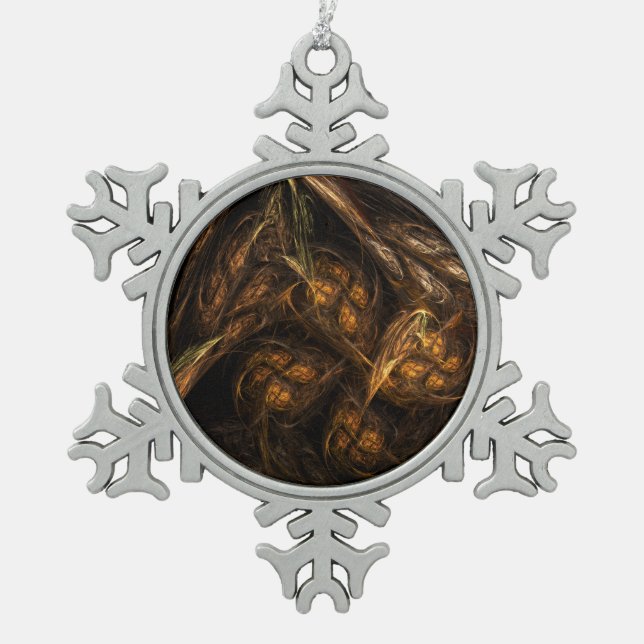 Mother Earth Modern Abstract Art Golden Fractal Snowflake Pewter Christmas Ornament (Front)
