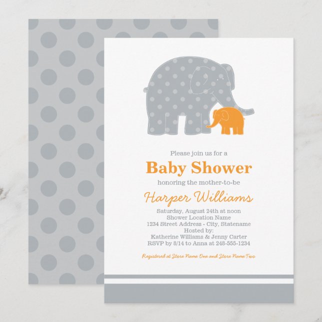 Mother Elephant Orange Grey Dots Baby Shower Invitation (Front/Back)