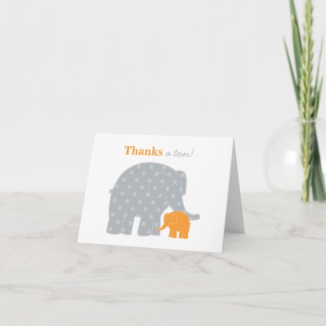 Mother Elephant Orange Grey Dots Baby Shower Thank You Card (Front)