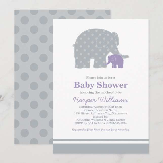 Mother Elephant Purple Grey Dots Baby Shower Invitation (Front/Back)