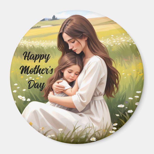 Mother Embracing Daughter Round Magnet (Front)