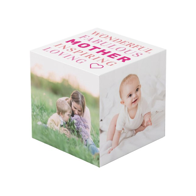 Mother Family Photo Collage Modern Typography Cube (Front Angled)