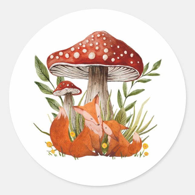 Mother Fox and Her Baby under Big Mushrooms Classic Round Sticker (Front)