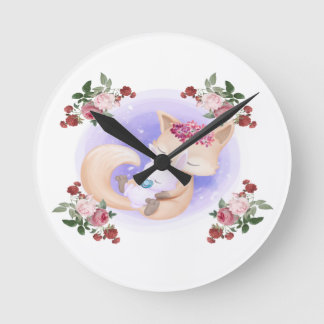 Mother Fox Hug Baby Bunny Rabbit Round Clock