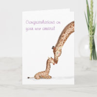 Mother giraffe and calf new baby card (purple)
