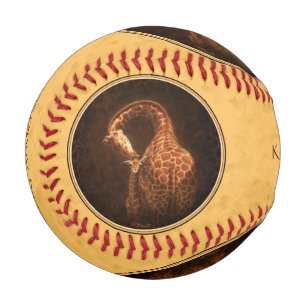 Mother Giraffe and Cute Baby Round Border Baseball