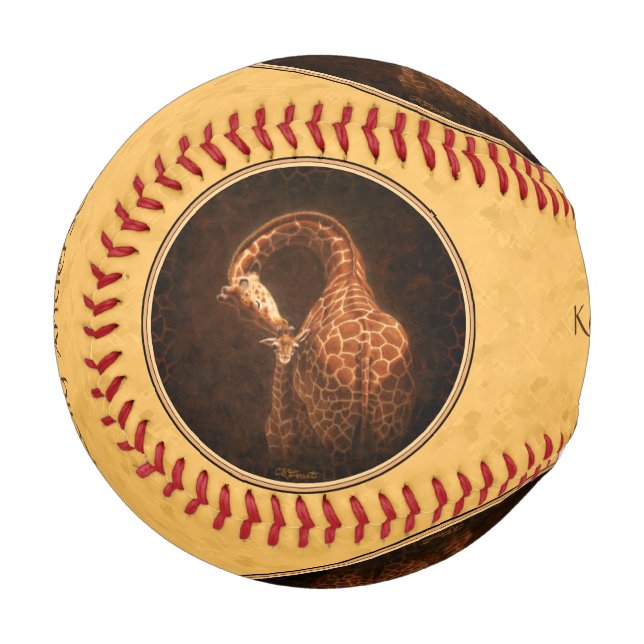 Mother Giraffe and Cute Baby Round Border Baseball (Front Left)