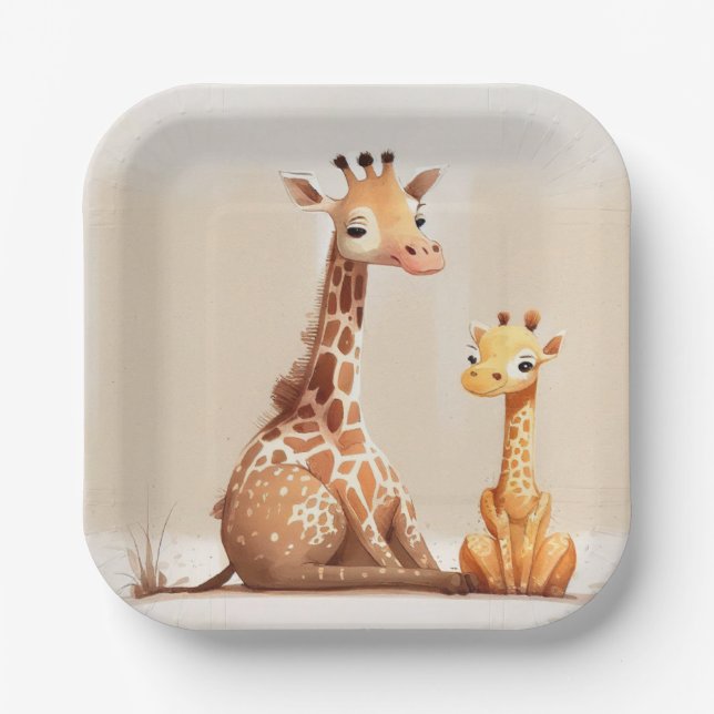 Mother Giraffe With Baby In Watercolor Paper Plate (Front)