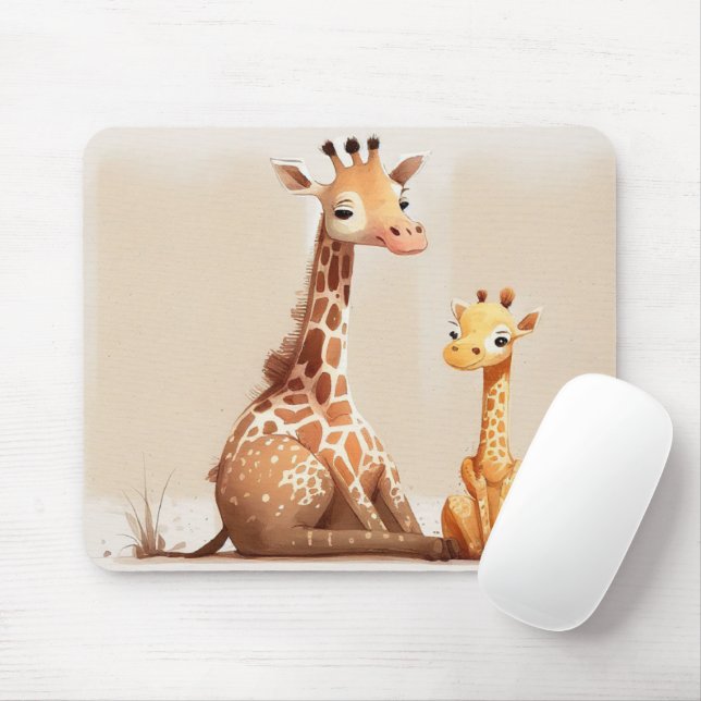 Mother Giraffe With Baby Watercolor Mouse Mat (With Mouse)