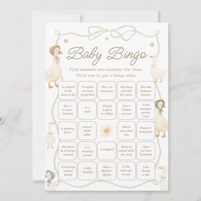 Mother Goose Baby Shower Find the Guest Bingo Game Invitation (Front)