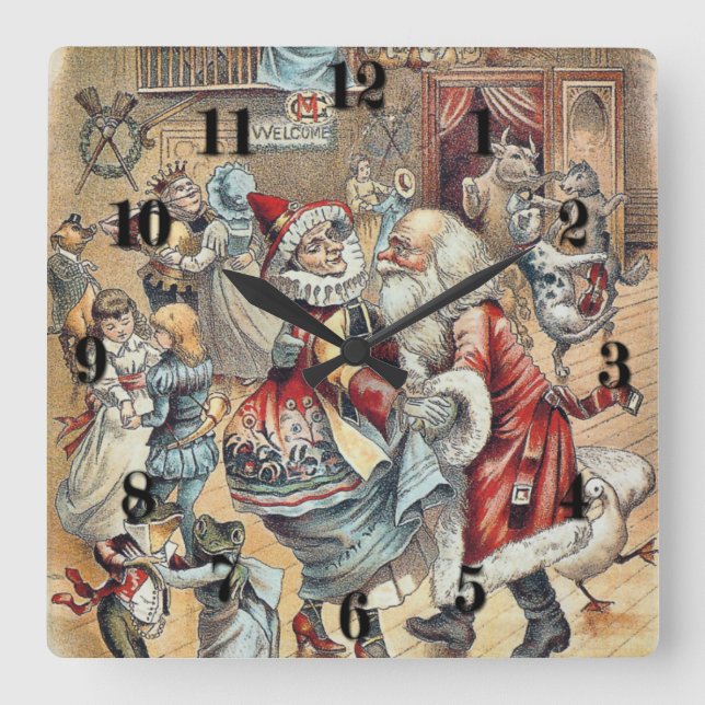 Mother Goose Dancing with Santa Claus Square Wall Clock (Front)