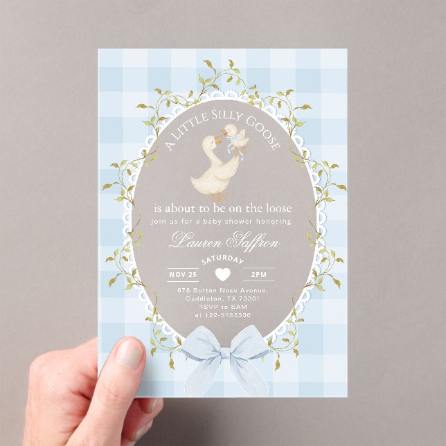 Mother Goose Silly Baby Shower Blue Gingham Acrylic Invitations (Insitu (Handheld))