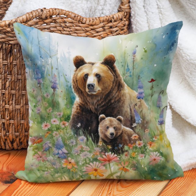 Mother Grizzly Bear Cub Flowers Painting Cushion (Mother grizzly bear and cub painting pillow)