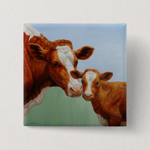 Mother Guernsey Cow and Cute Calf 15 Cm Square Badge
