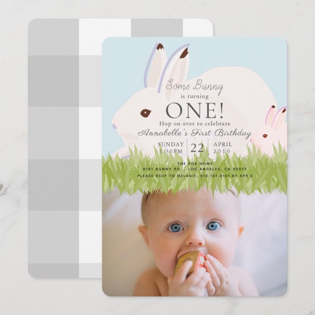 Mother Hare & Baby Photo 1st Birthday Invitation (Front/Back)