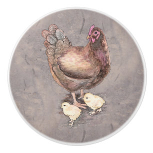 Mother Hen and Chicks Watercolor Ceramic Knob