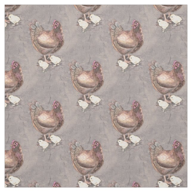 Mother Hen and Chicks Watercolor Fabric (Swatch)