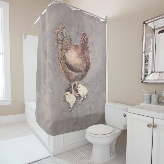 Mother Hen and Chicks Watercolor Shower Curtain (In Situ)