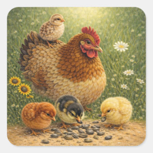 Mother Hen with Chicks Feeding on Sunflower Seeds Square Sticker