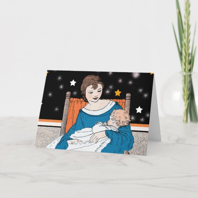 Mother Holding Her Baby in orange Chair Stars Card (Front)