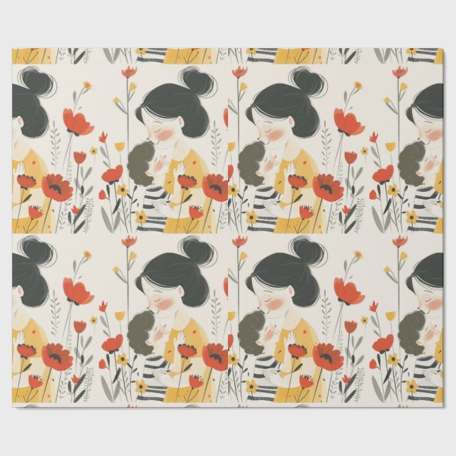 Mother Hugging her Son Asian Chinese Japanese Wrapping Paper (Seam)