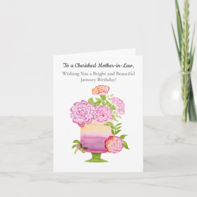 Mother in Law Carnations January Birthday Cake Card (Front)