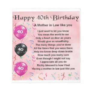 Mother in Law Poem - 40th Birthday Notepad